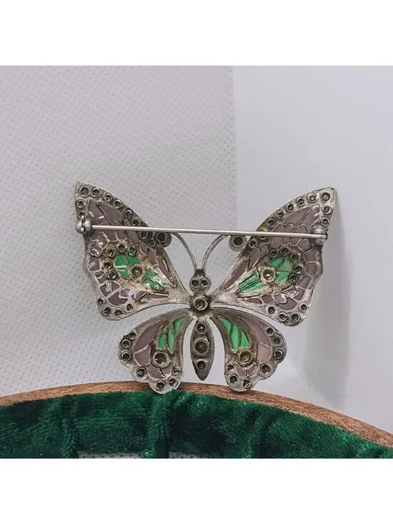 Vtg Plique a Jour Enamel & Marcasite Butterfly Brooch Pin Green Lavender - READ - Picture 4 of 8